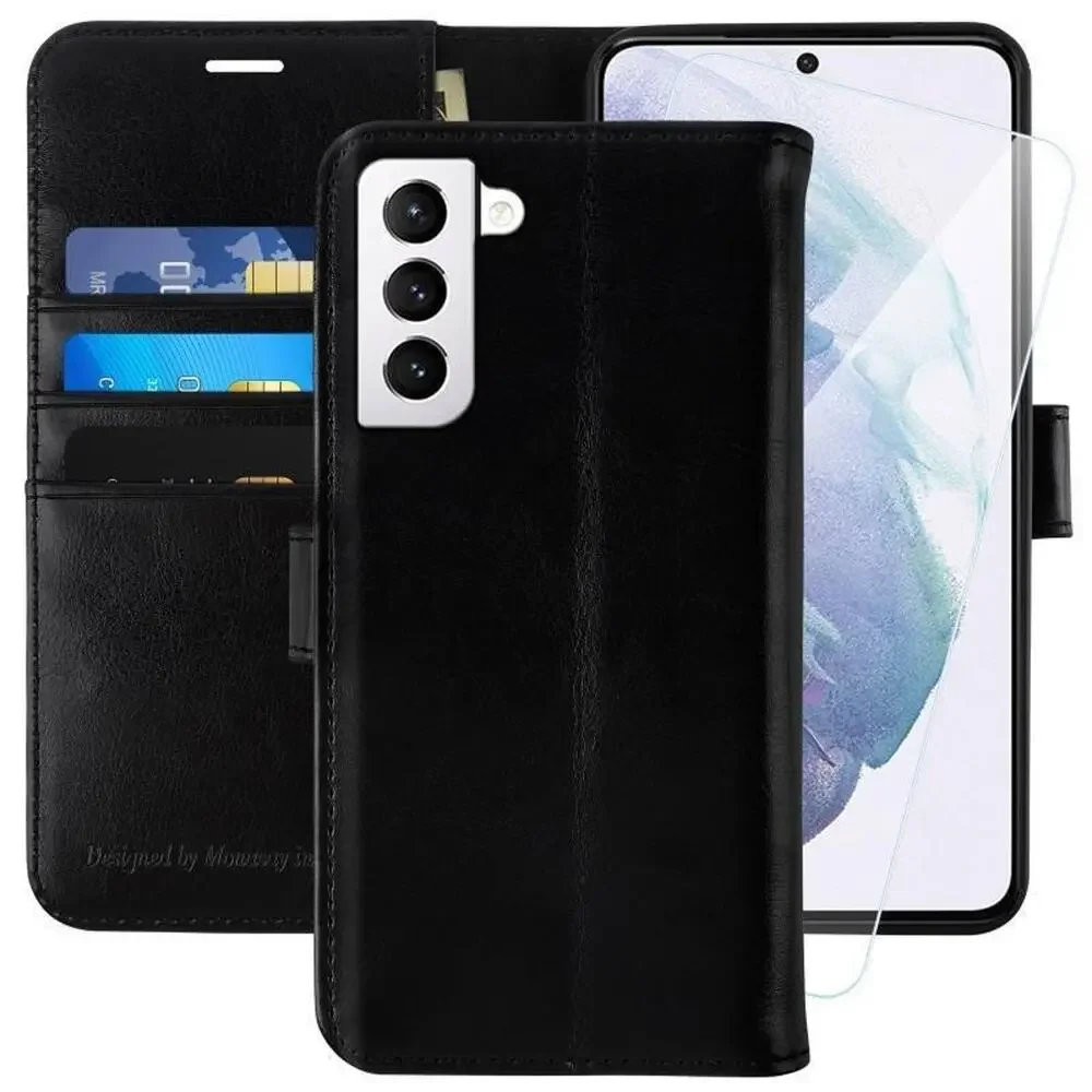 MONASAY Wallet Case Compatible for Galaxy S21 Black, Screen Protector Included